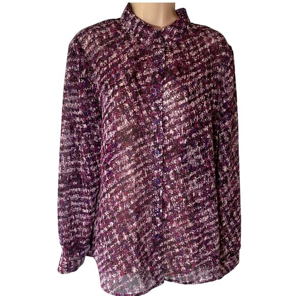Coldwater Creek Tops - Coldwater Creek Women's Blouse L Button Up Sheer Purple Geometric Mature Flowy